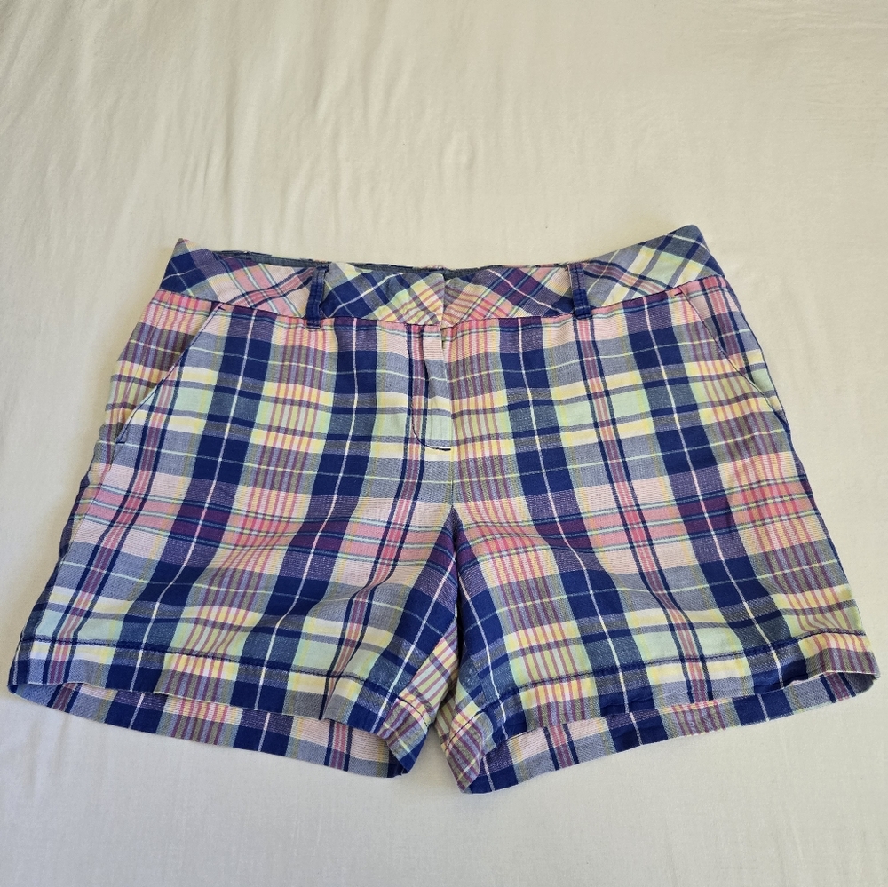 Talbots Plaid Shorts Linen Cotton Blend Blue Pink Green Preppy Classic 16 Petite